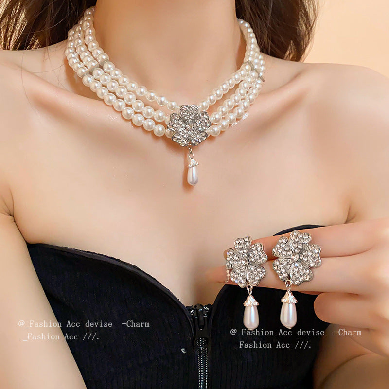 Multi-layered Pearl Flower Stone Necklace Earrings Bracelet Fashion Jewelry Set