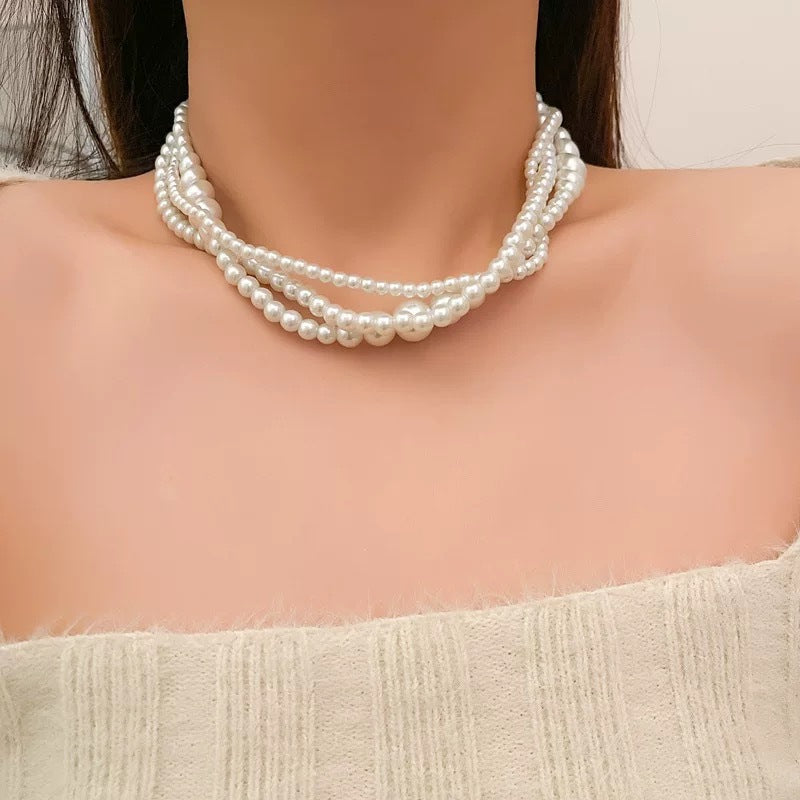 Women Multi Layer Pearl Bead Twist Choker Necklace