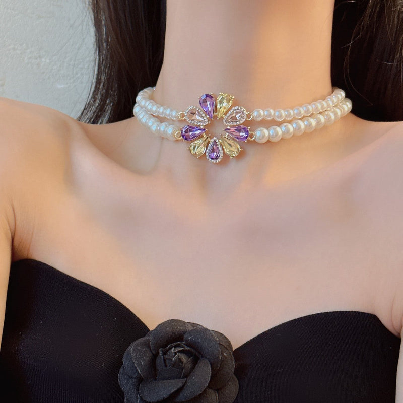 Women Wedding Party Sweet Colorful Crystal Flower Necklace