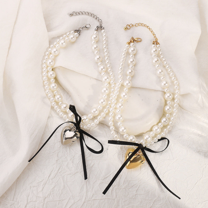 Goth Black Ribbon Bow Heart Pendant Necklace for Women