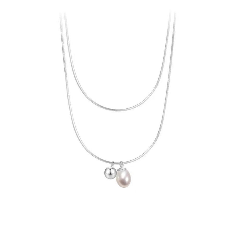 Vintage Pearl Bead Pendant Double-Layer Snake Chain Necklace