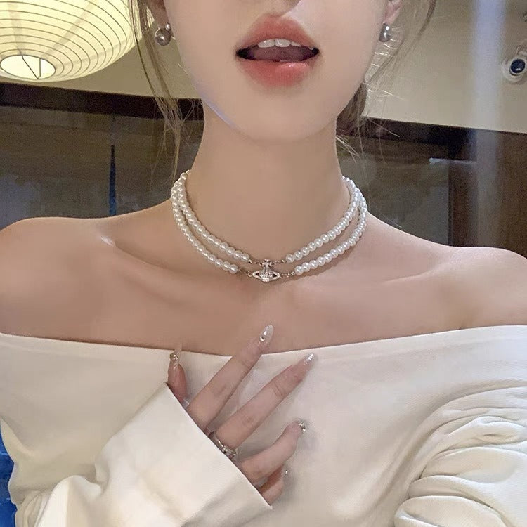 Double Pearl Saturn Magnetic Buckle Necklace