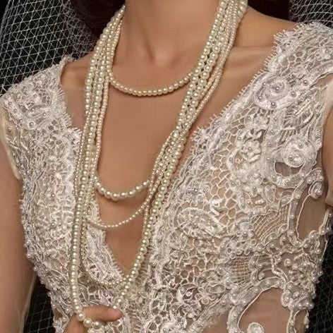 Beaded Pearl Strand Layered Long Fashion Jewelry Necklace