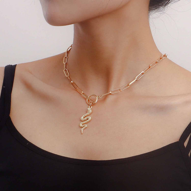 Snake Pendant Paperclip Link Chain Necklace