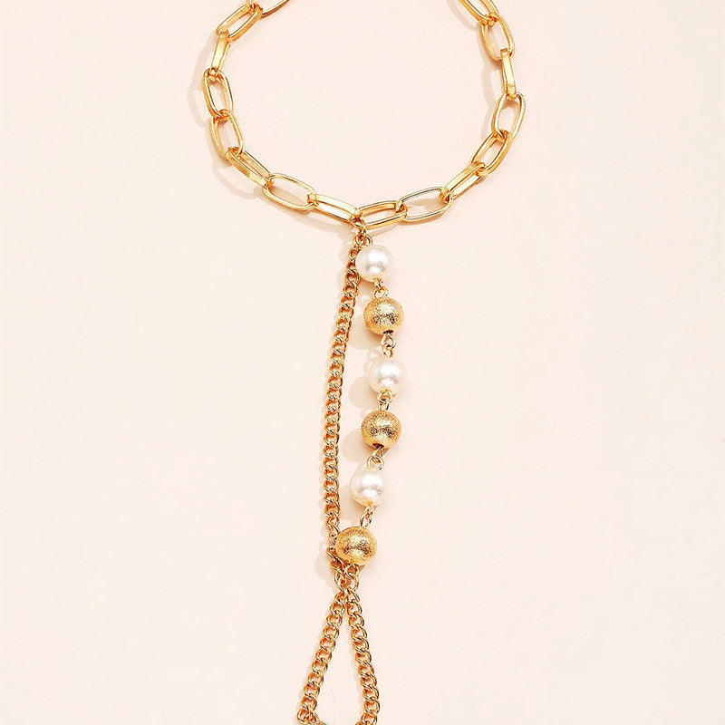 Bohemian Cuban Link Chain Imitation Pearl Beads Finger Ring Bracelet
