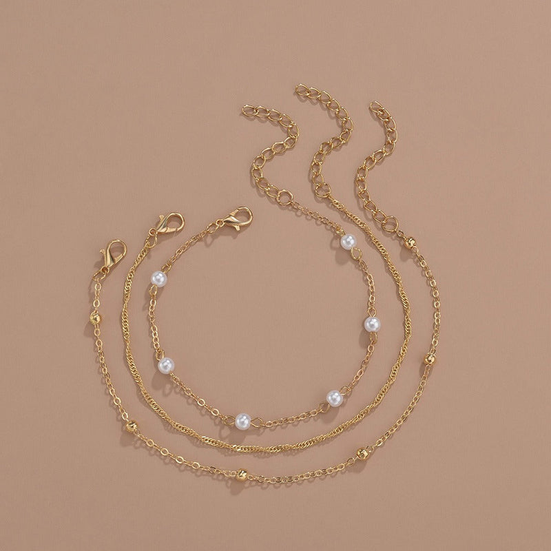 Bohemia Pearl Layer Chain Anklets Set