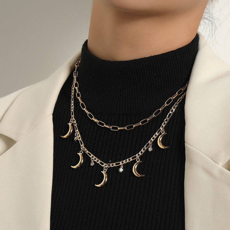 Vintage Jewelry Multi Moon Charm Layered Chain Necklace