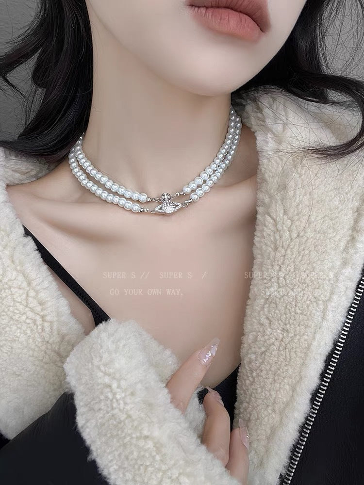 Double Pearl Saturn Magnetic Buckle Necklace