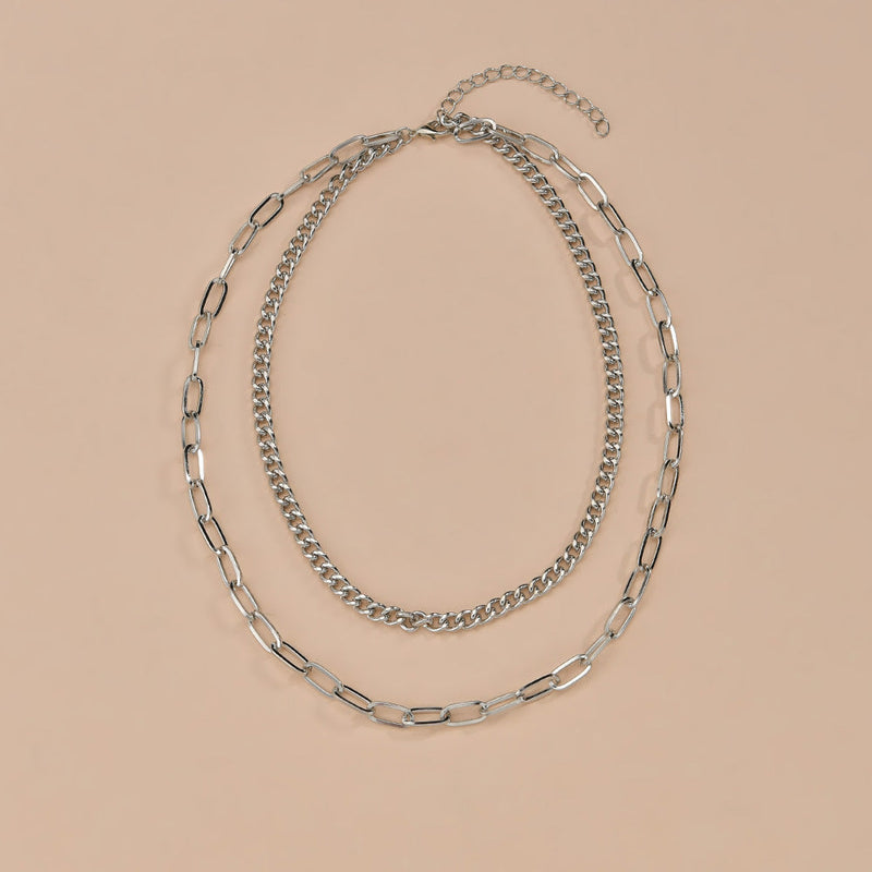 Double Layered Cuban Link Rectangle Chain Choker Necklace