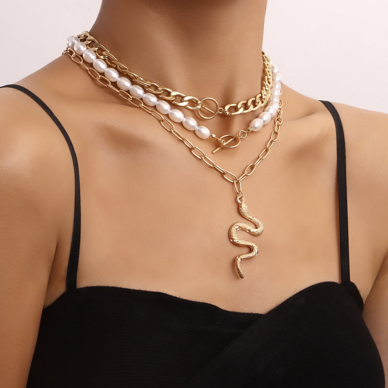 Cuban Chain Multi Layered Gold Snake Pendant Necklace