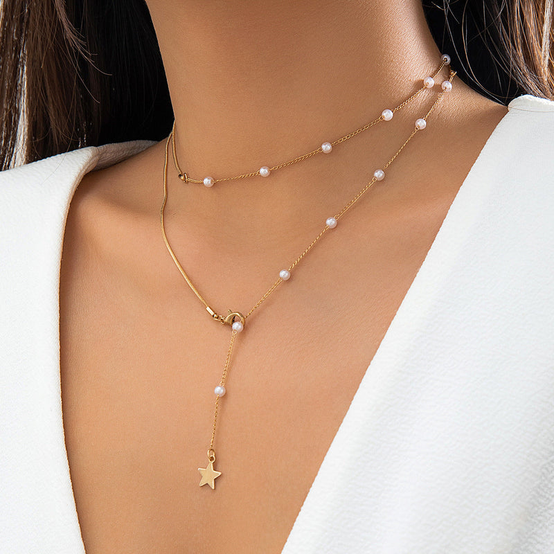 Pearl Fringe Star Round Piece Pendant Chain Necklace