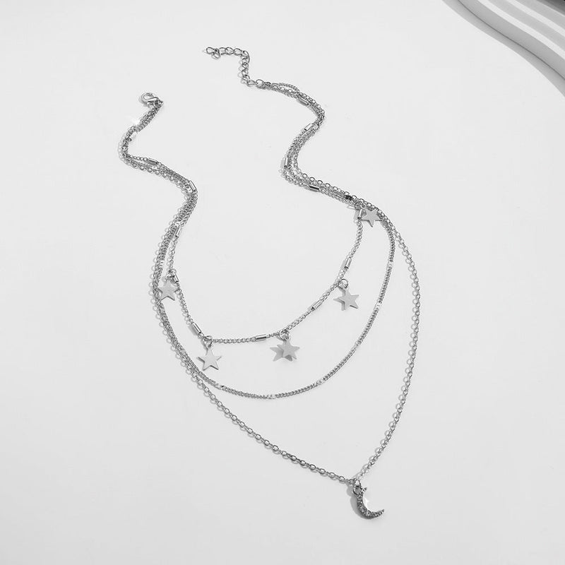 Multi-layer Star Pentagram Tassel Moon Pendant Chain Necklace