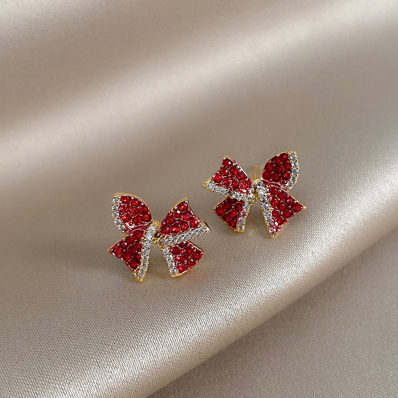 Red Rhinestone Bow Stud Earrings
