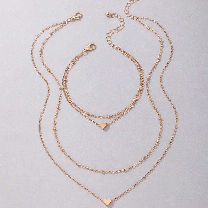 Multi Layer Clavicle Chain Peach Heart Pendant Necklace Jewelry Set
