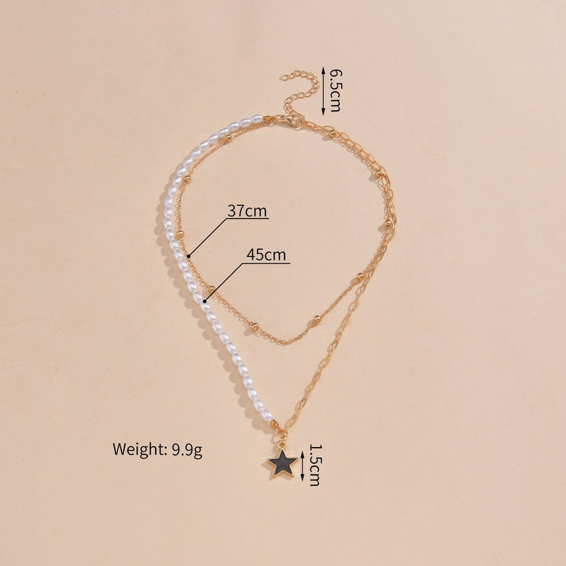 Double Layer Pearl Paperclip Chain Star Pendant Necklace Jewelry