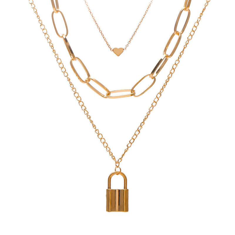 Heart Star Charm Paperclip Chain Choker Necklace Layered Lock Pendant