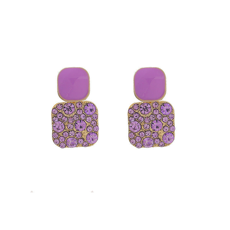 Purple Square Crystal Rhinestone Earrings
