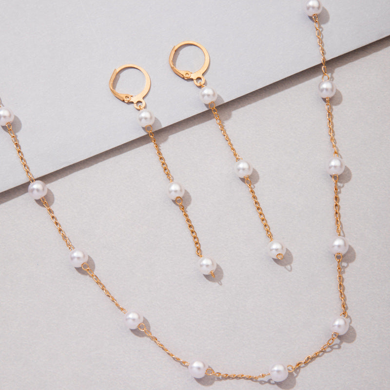 Women Pearl Beads Chain Choker Necklace Jewelry Set
