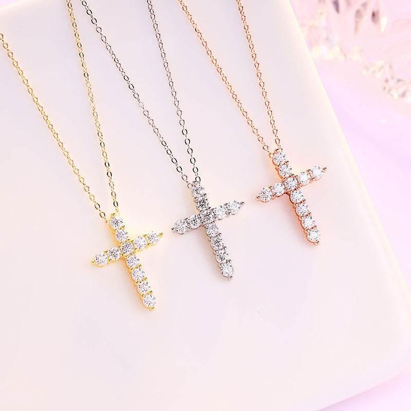 S925 Moissanite Cross Necklace, 3 Color Options, 11 Stones 0.1-0.5ct VVS, Dainty Luxe Clavicle Pendant, Sterling Silver Jewelry