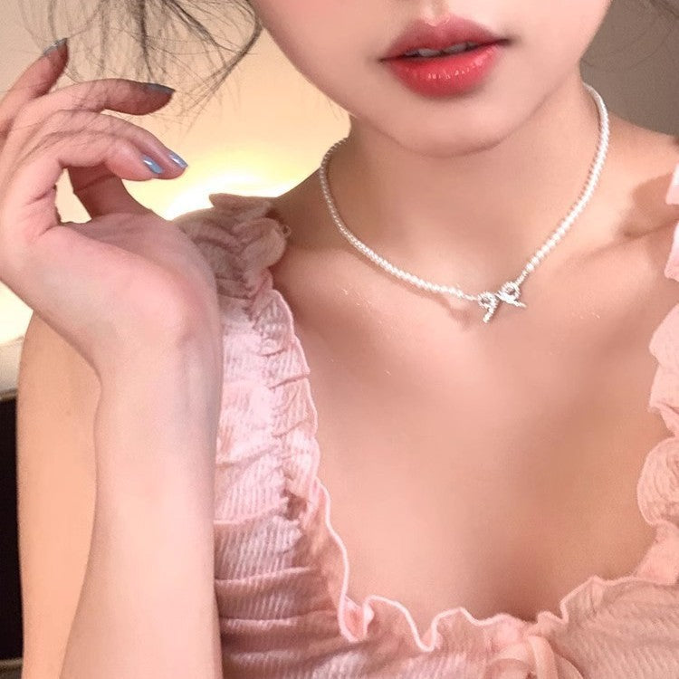 Pearl Chain Choker Necklace for Women Mini Bowknot