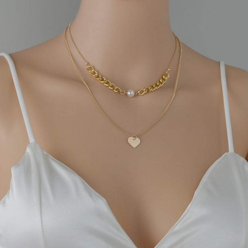 Double Layers Chain Heart Pearl Pendant Necklace
