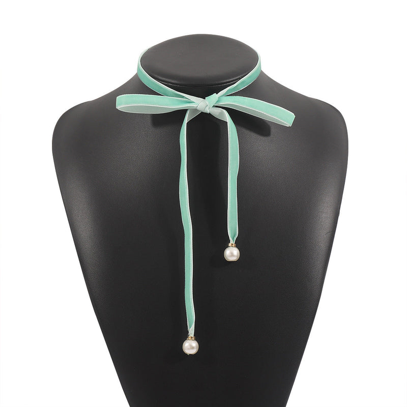 Women Velvet Pearl Bow Choker Simple Long Lace up Necklace