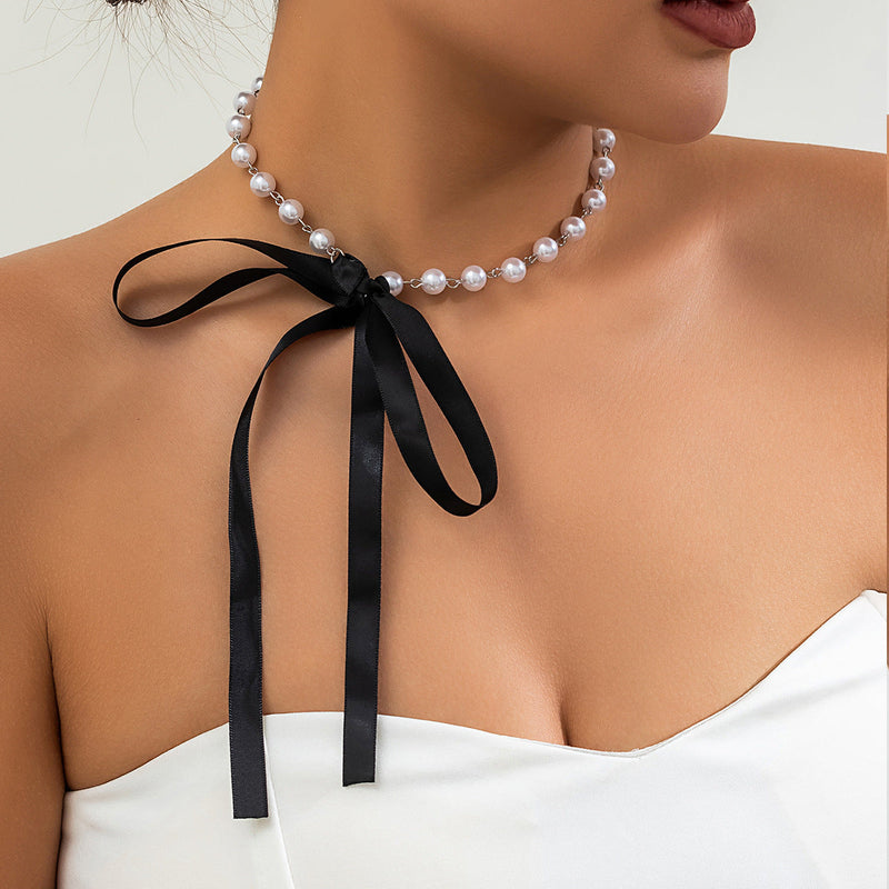 Elegant Pearl Bow Knot Choker Necklace Long Ribbon