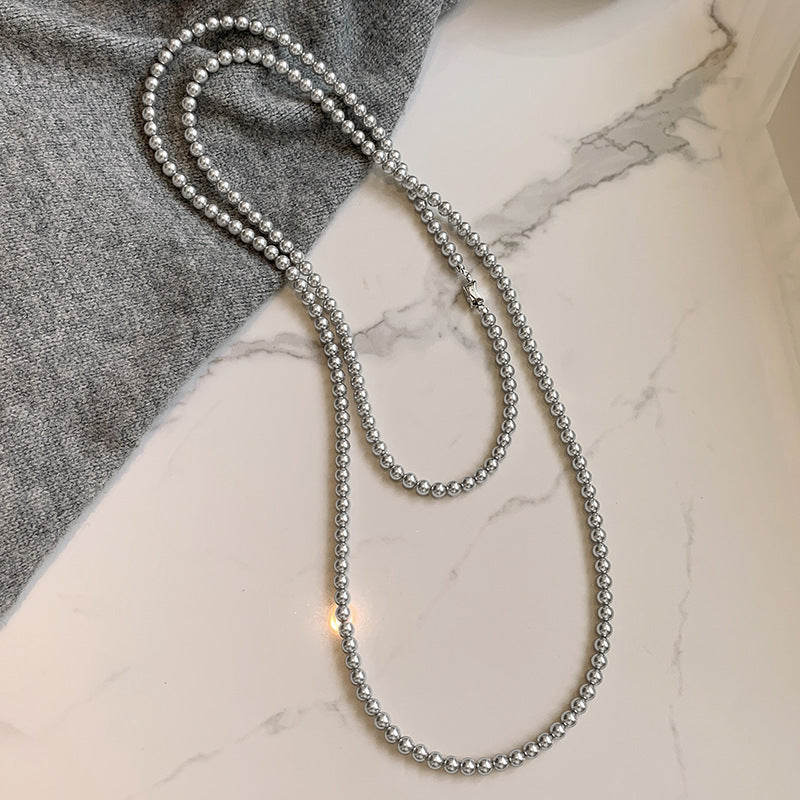 Long Gray Glass Pearl Vintage Charm Necklace