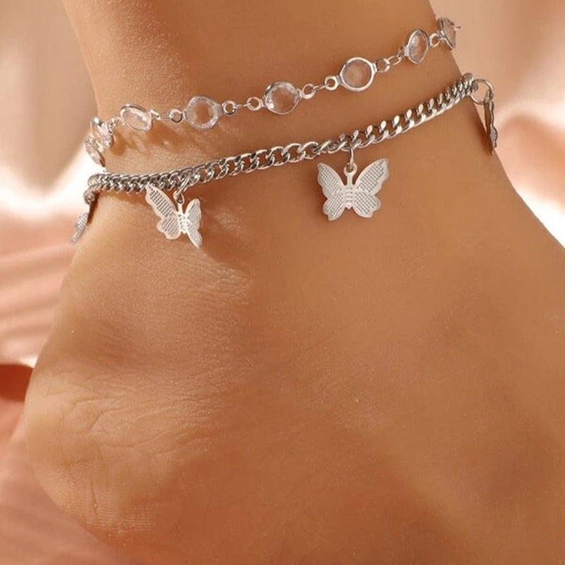 Rhinestone butterfly Pendant Double Layer Anklet Jewelry