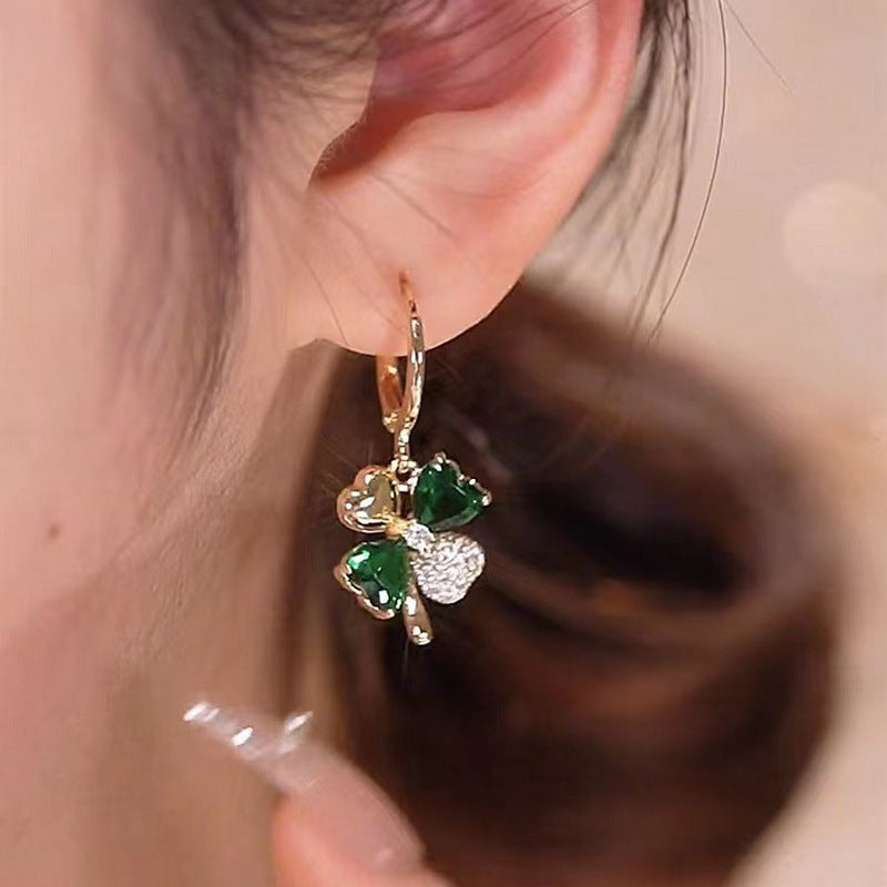 Crystal Rhinestone Four Clover Leaf Shaped Hoop Earrings