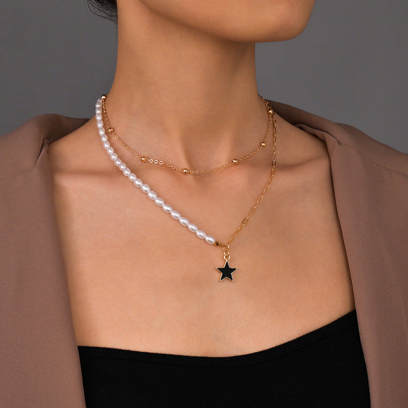 Double Layer Pearl Paperclip Chain Star Pendant Necklace Jewelry