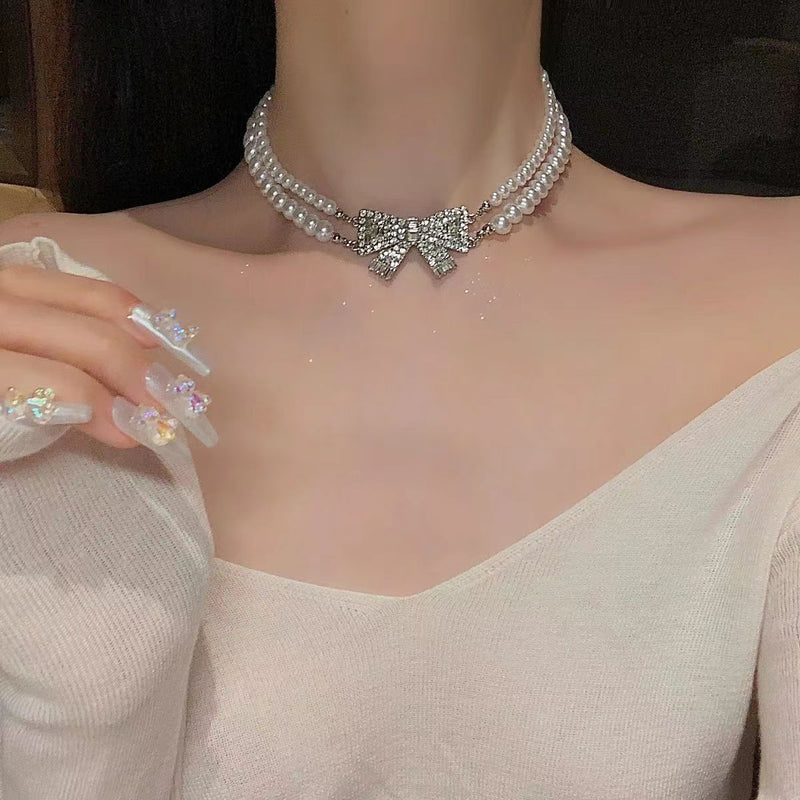 Full Stone Baroque Pearl Double-layer Bow Pendant Necklace