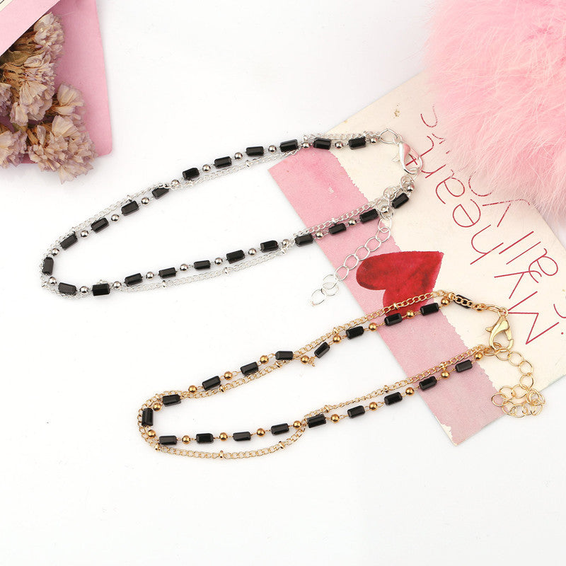 Vintage Black Long Beads Double-layer Foot Chain