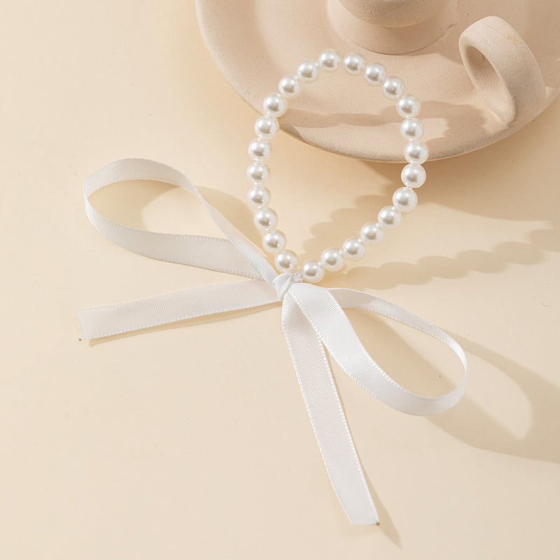 Long Bow Collarbone Chain Necklace DIY Lace up Velvet Pearl Necklace