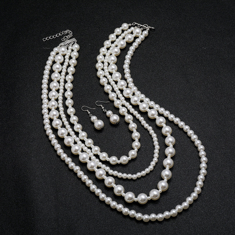 Multi Layers Long Pearl Necklace Earrings Set for Women
