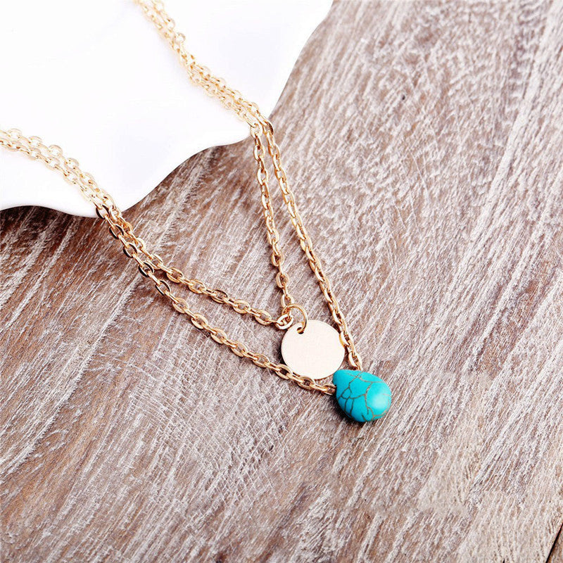 Double-Layer Necklace Water Drop Turquoise Pendant