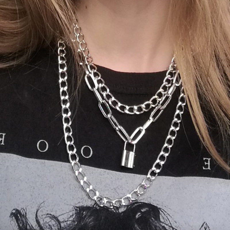 Layered Chain Necklace Neck Chains Lock Pendant Jewelry