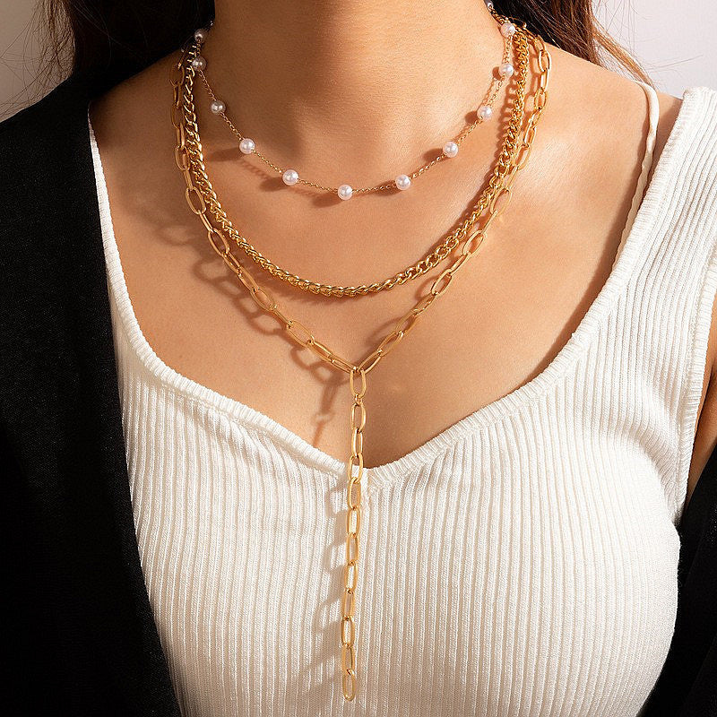 Layer Long Chain Necklace Pearl Charm Jewelry