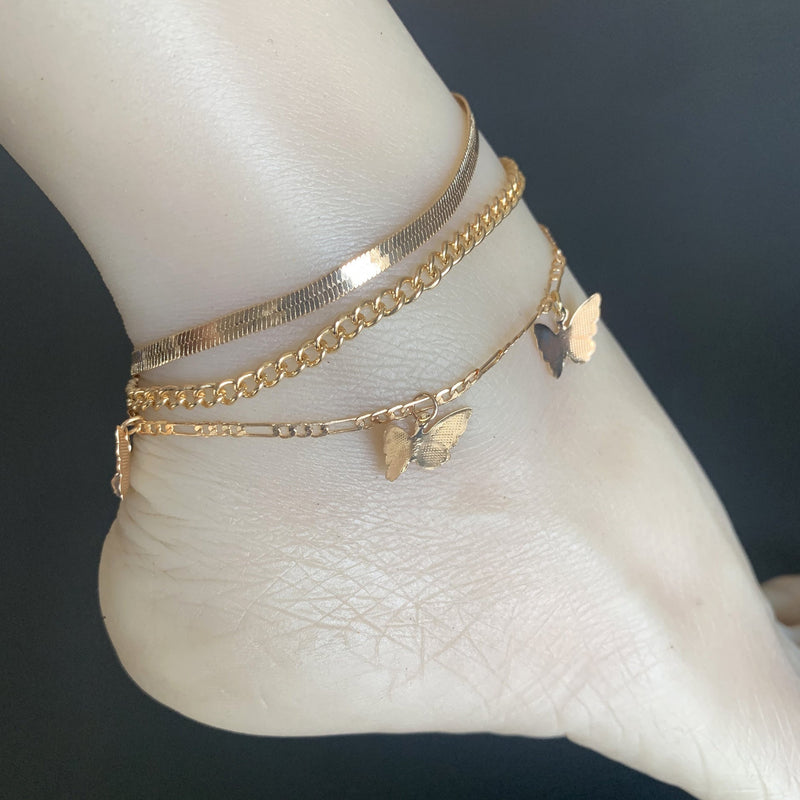 Figaro Chain Geometric Anklet Women Butterfly Tassel Multilayer Foot Chain