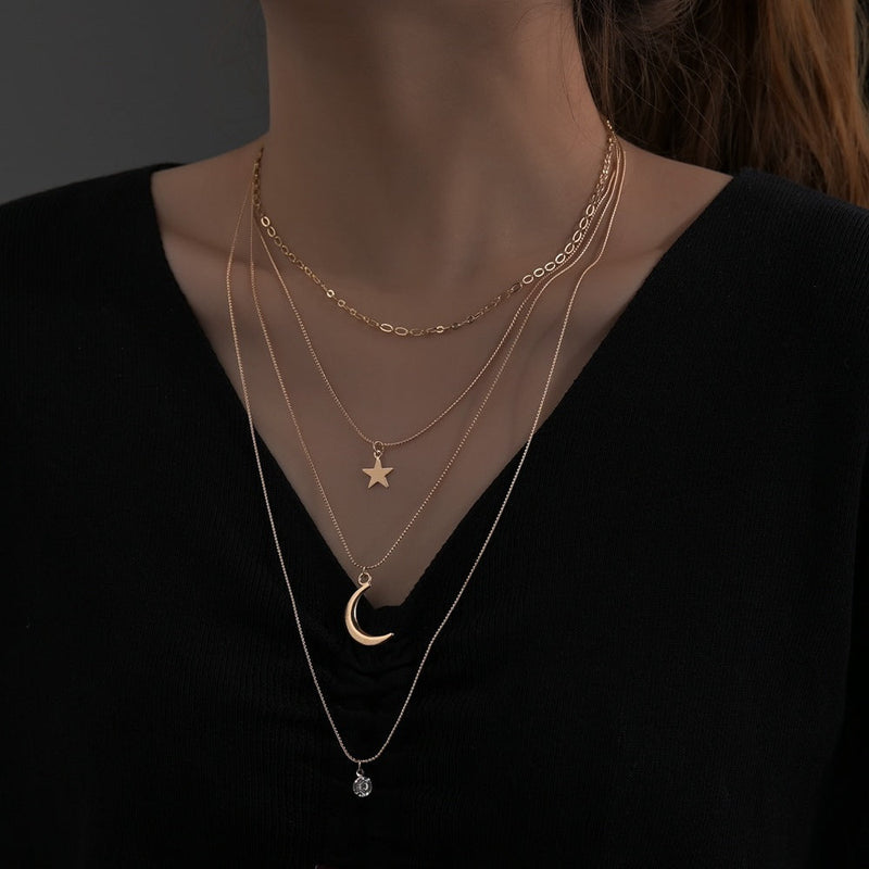 Custom Multi Layer Star Moon Pendant Gold Chain Necklace