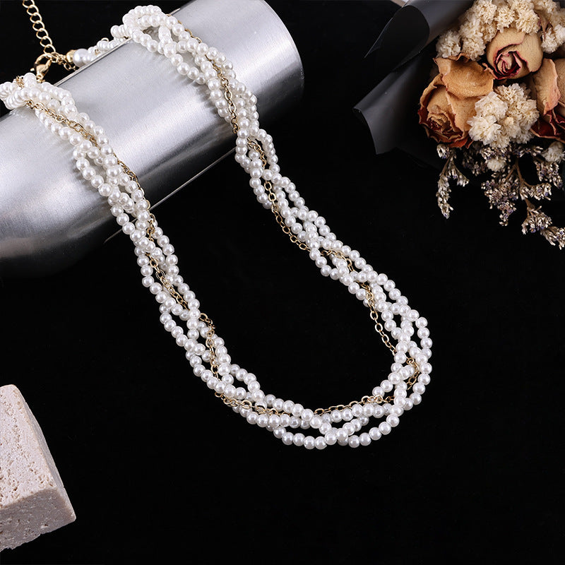 Multi layers women choker Pearl Necklace Round Twisted