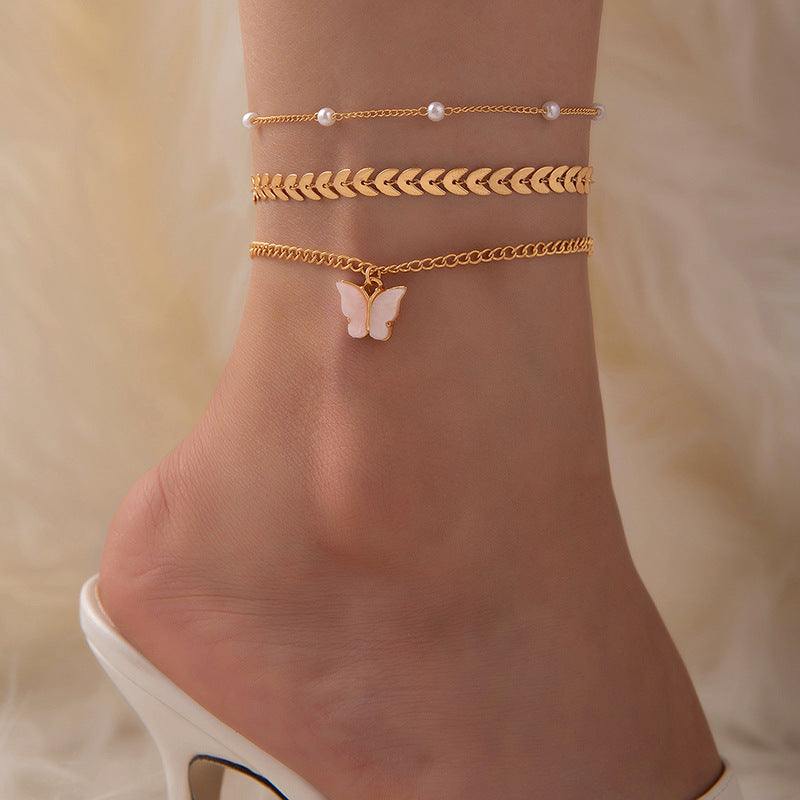 Doubled Layered pink butterfly Anklet Women Jewelry