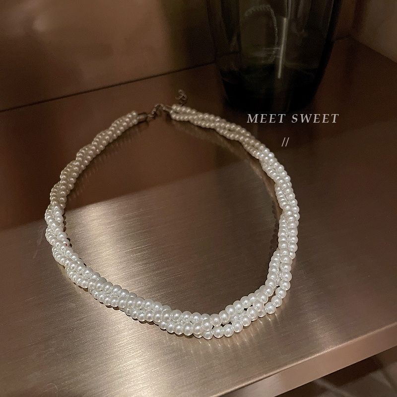 Multi layers women choker Pearl Necklace Round Twisted