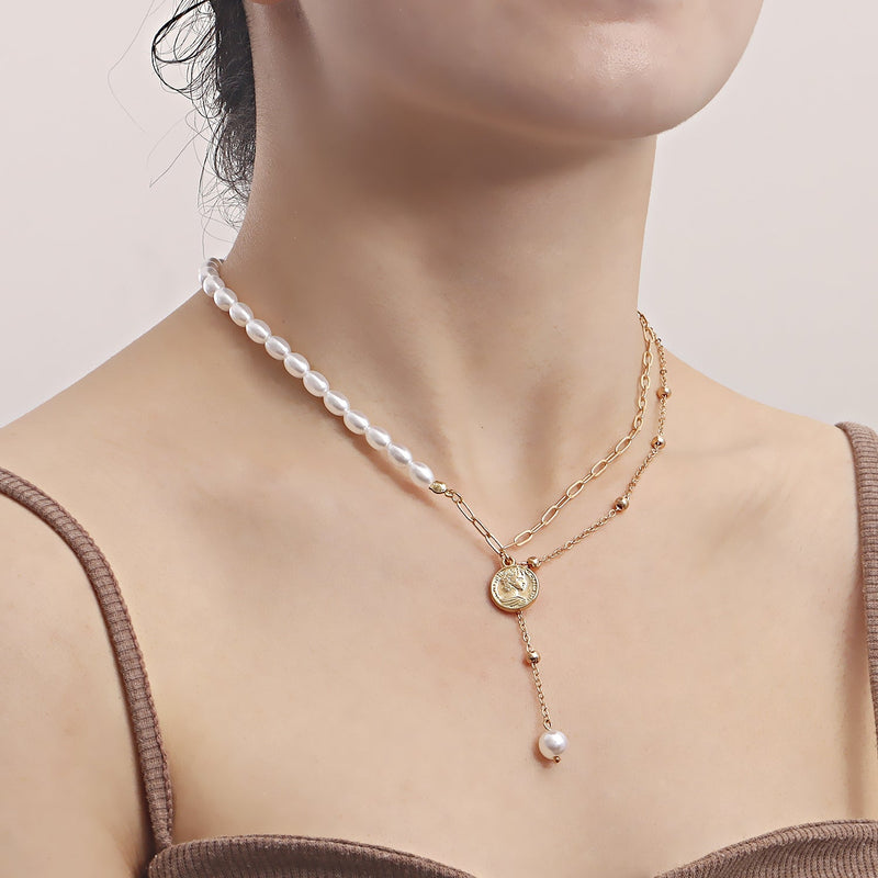 Punk Jewelry Imitation Pearl Coin Pendant Necklace