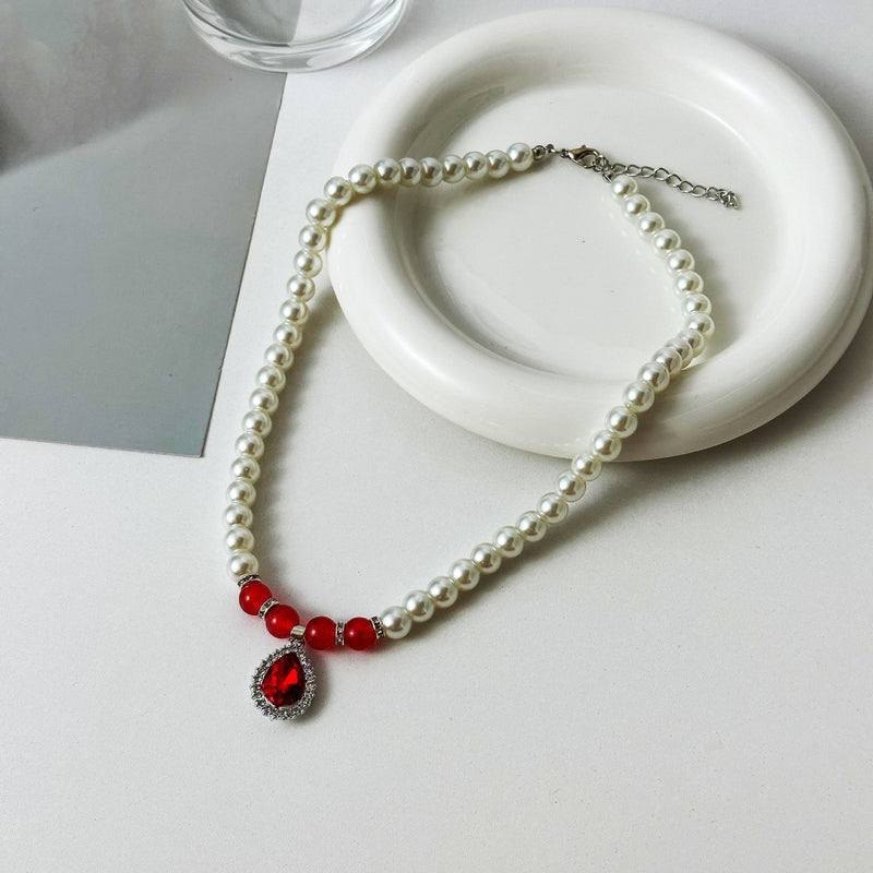 Glass Pearl Emerald Waterdrop Pendant Necklace Set