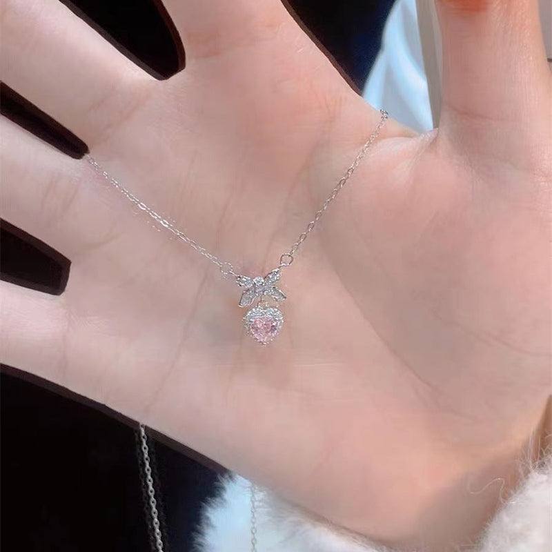Pink Heart Zircon Bow Pendant Necklaces