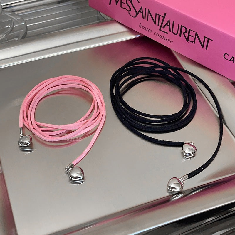 Elegant Long Black Bow Ribbon Heart Necklace