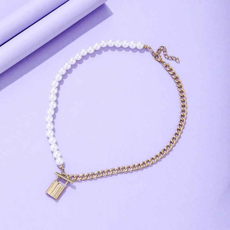 Pearl Chain Bead Link Lock Pendant Necklace