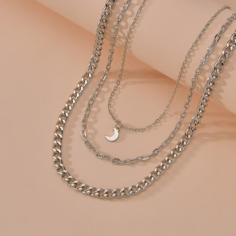 Multi-layered Chain Necklace Crescent Charm