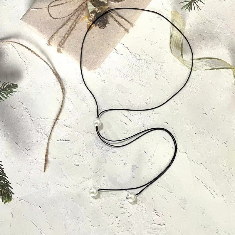 Black Wax Rope Faux Pearl Pendant Necklace